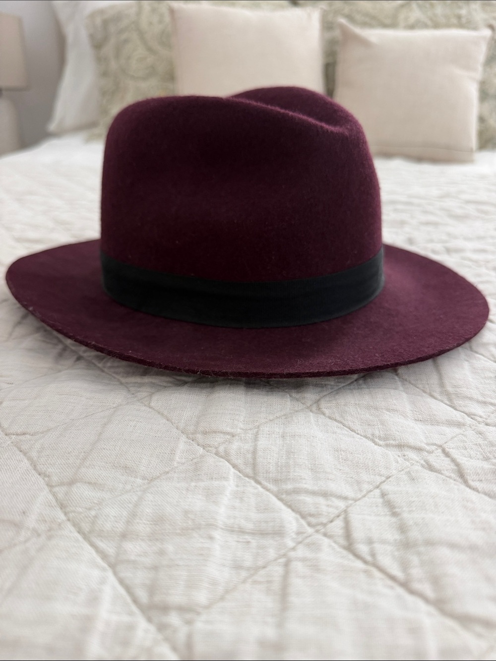 The Hatter Wool Fedora Hat in Burgundy with Black Band